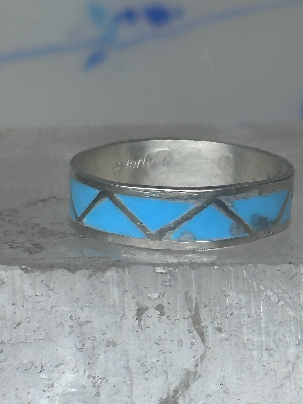 Vintage Sterling Silver Rough Reconstituted Turquoise Geometric Band Size 8.25 925