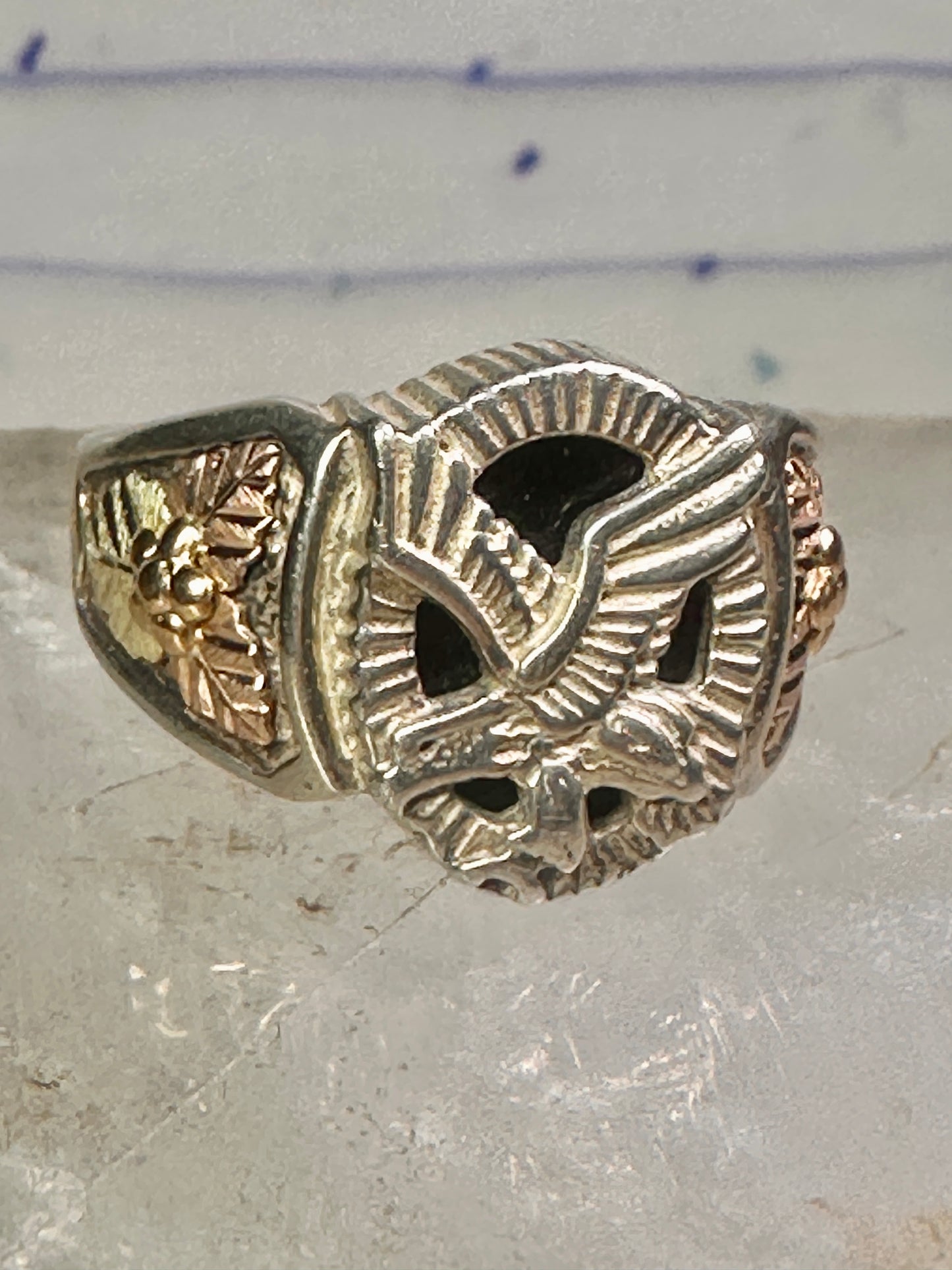 Eagle ring Black Hills Gold w leaves onyx size 12 sterling silver women men