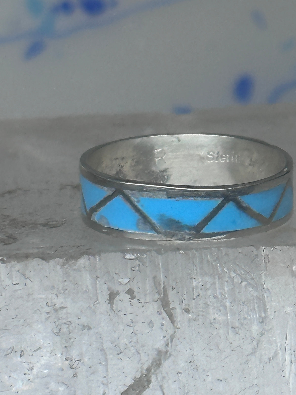 Vintage Sterling Silver Rough Reconstituted Turquoise Geometric Band Size 8.25 925