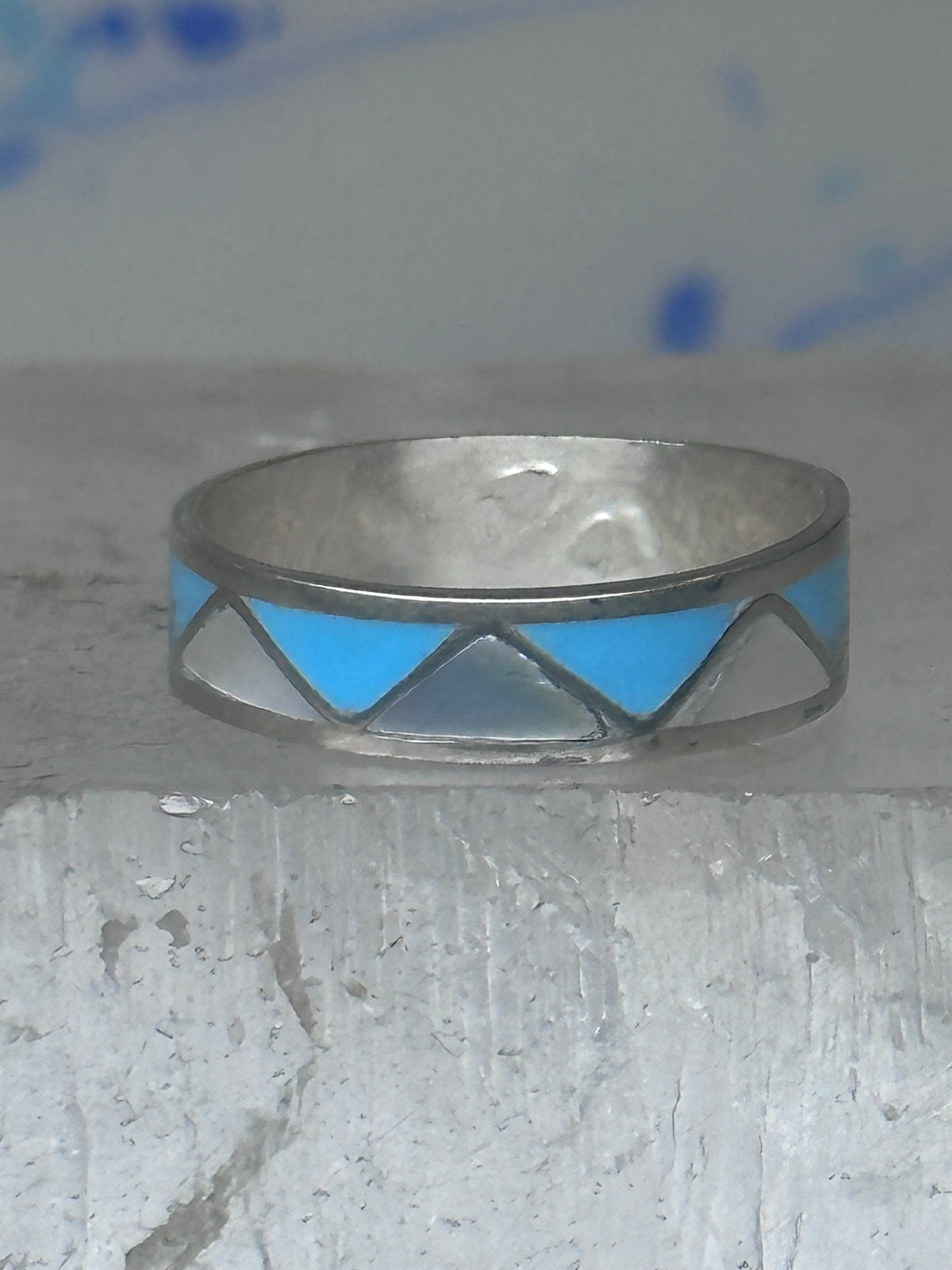 Vintage Sterling Silver Reconstituted Turquoise Mother of Pearl Band Signed R Size 7.50 925