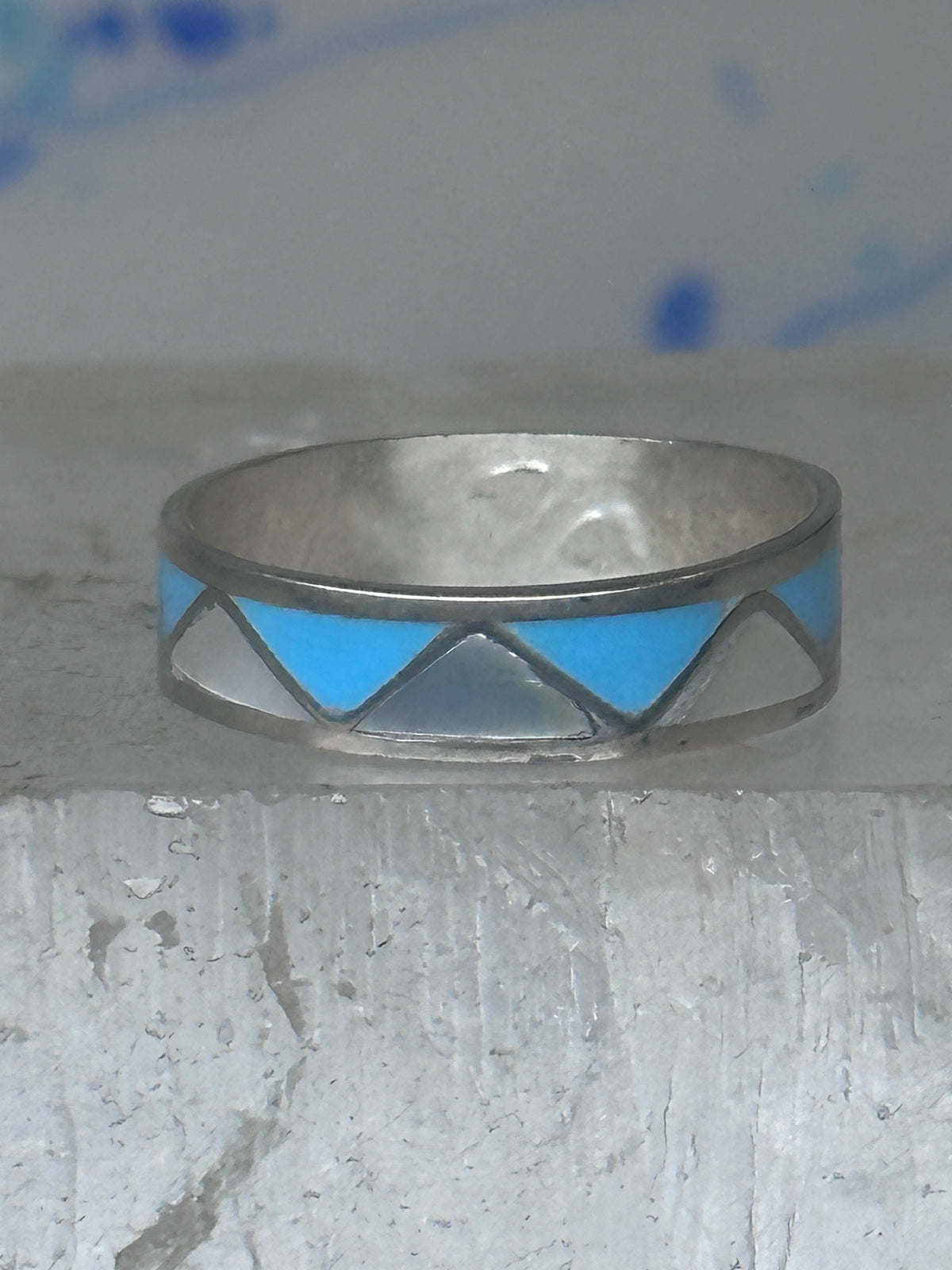 Vintage Sterling Silver Reconstituted Turquoise Mother of Pearl Band Signed R Size 7.50 925