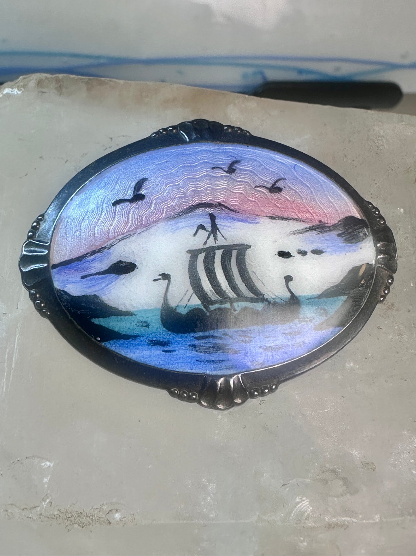 Viking Ship Pin enamel Scandinavian signed N sterling silver sunset sunrise seagulls