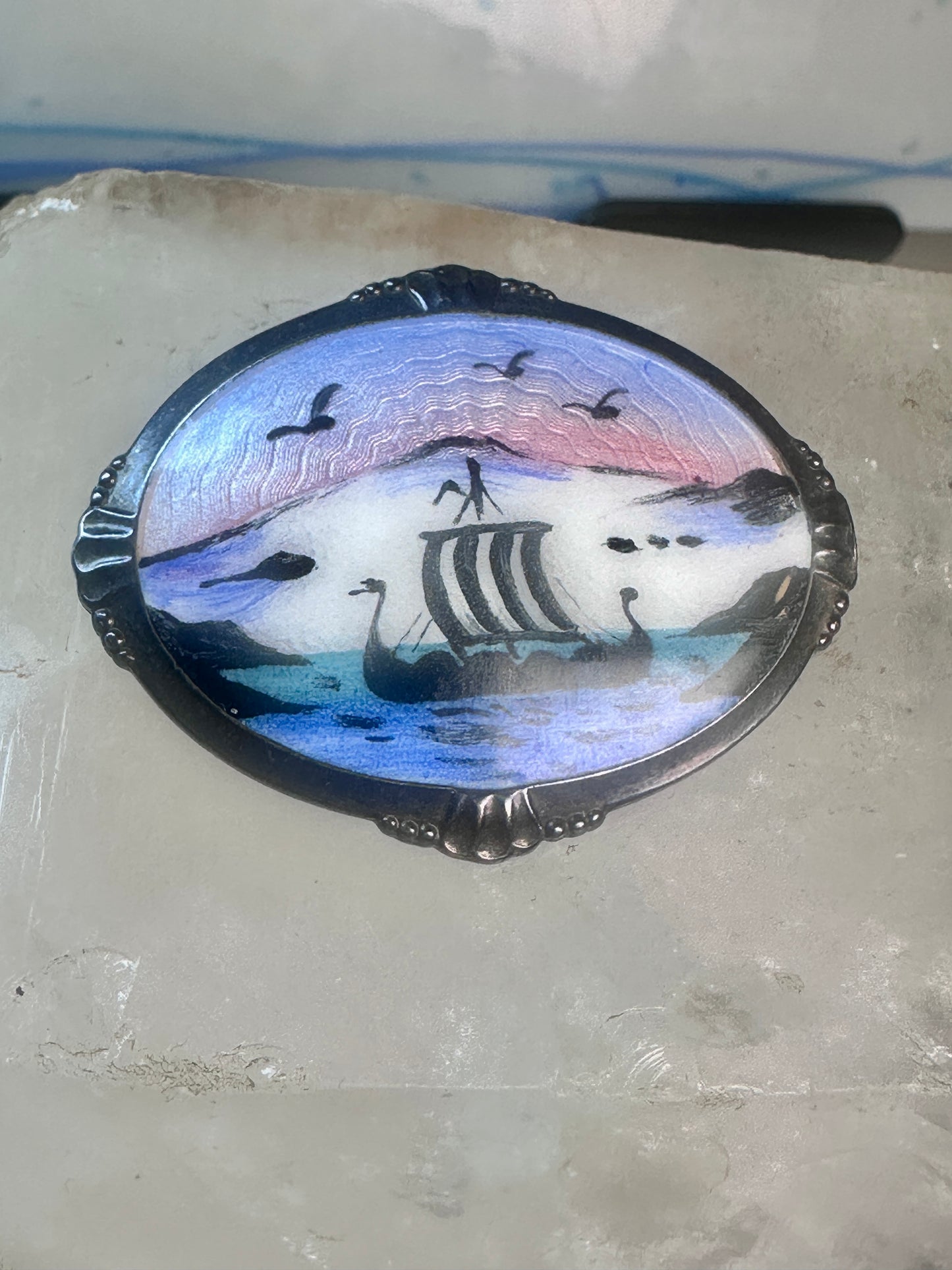 Viking Ship Pin enamel Scandinavian signed N sterling silver sunset sunrise seagulls