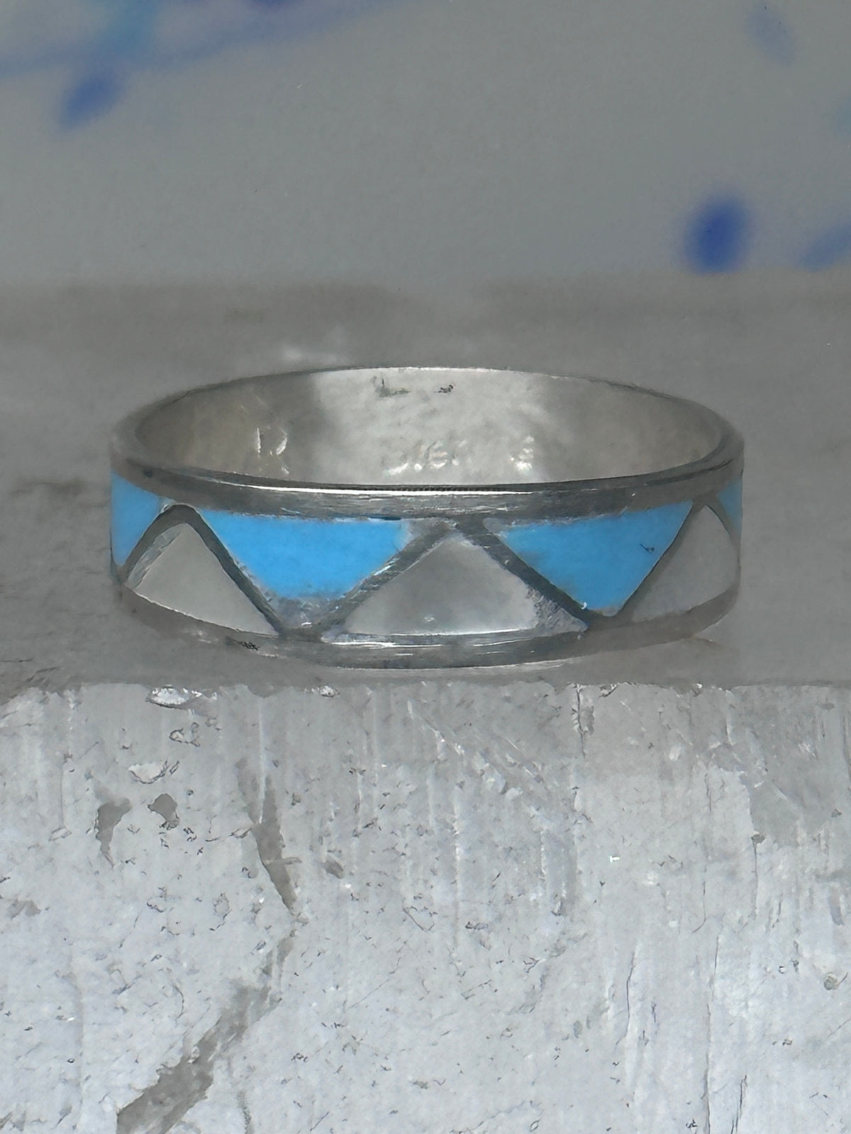 Vintage Sterling Silver Reconstituted Turquoise Mother of Pearl Band Signed R Size 7.50 925