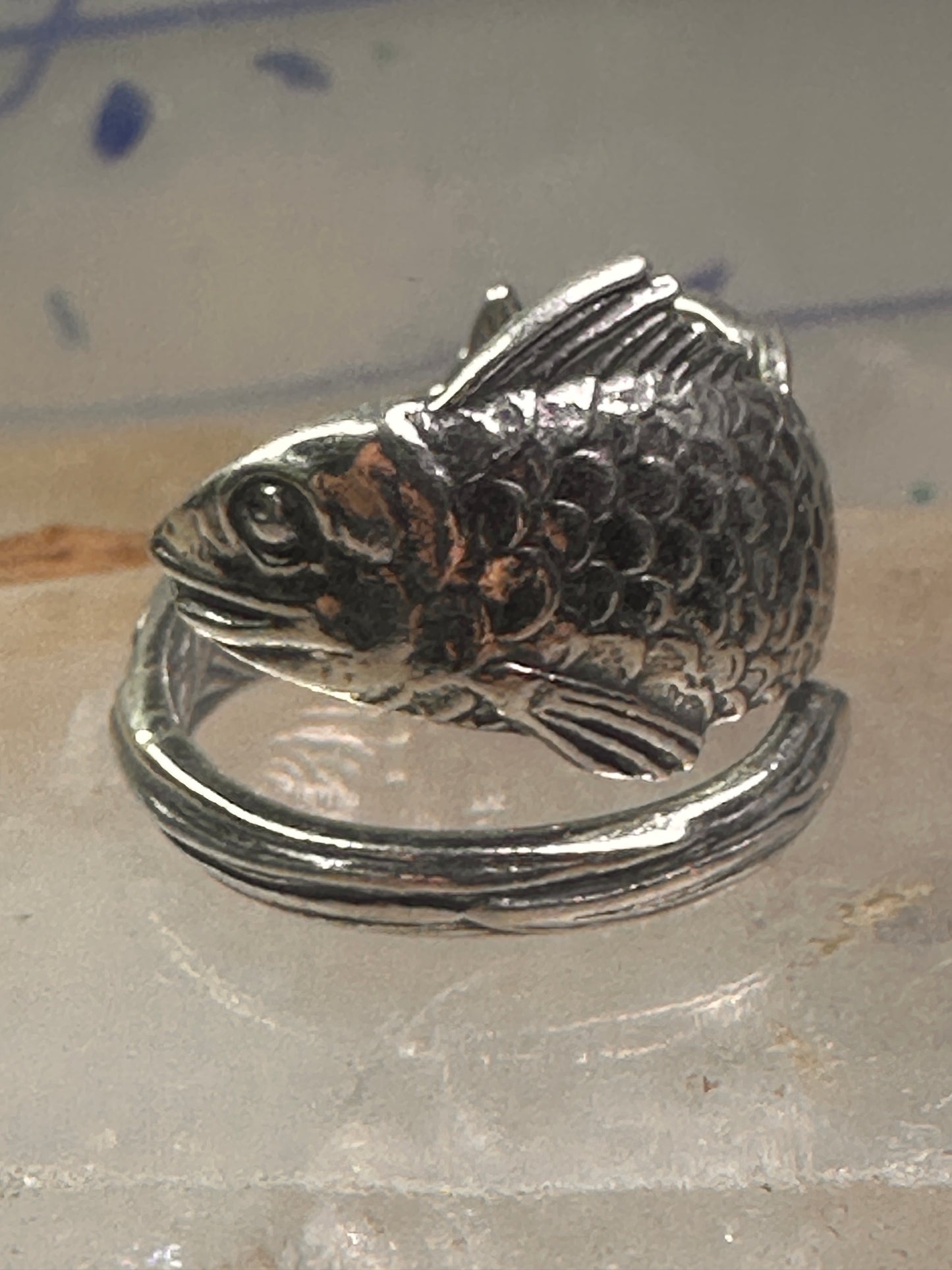 Fish spoon ring size 7.25 adjustable fishermen sterling silver band