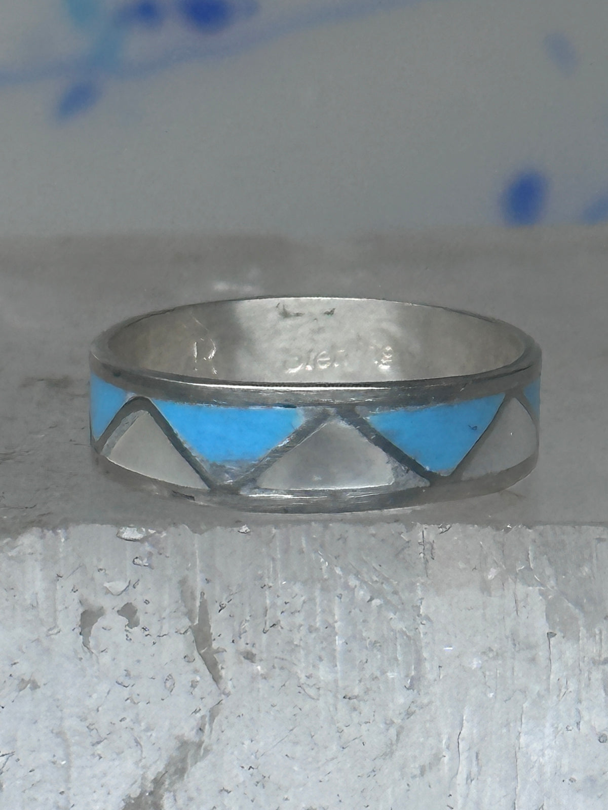 Vintage Sterling Silver Reconstituted Turquoise Mother of Pearl Band Signed R Size 7.50 925