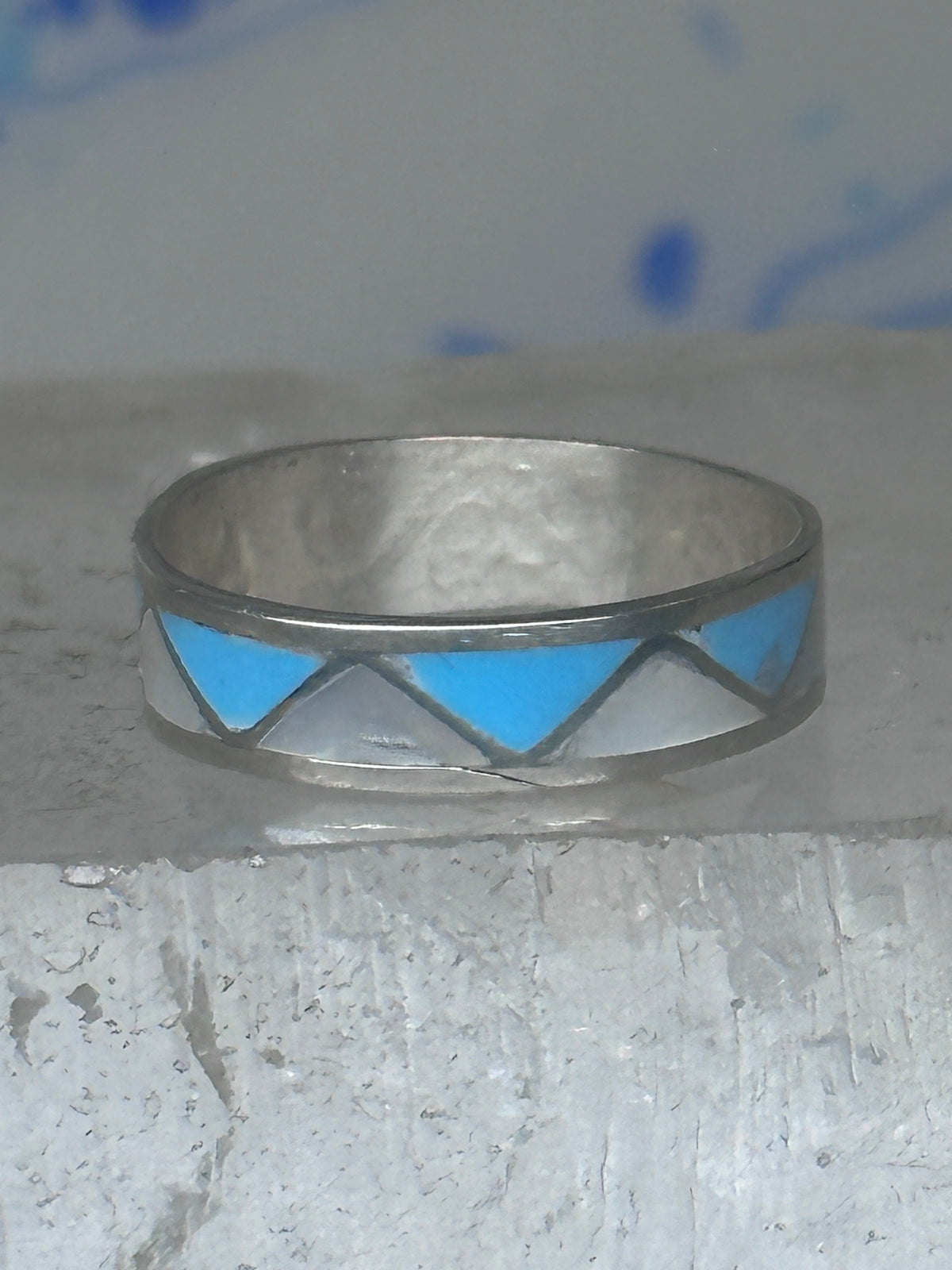 Vintage Sterling Silver Reconstituted Turquoise Mother of Pearl Band Signed R Size 7.50 925