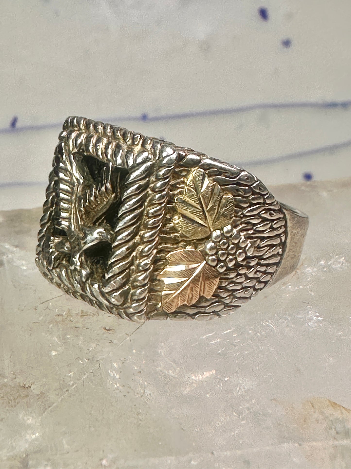 Eagle ring Black Hills Gold w leaves onyx size 11 sterling silver women men