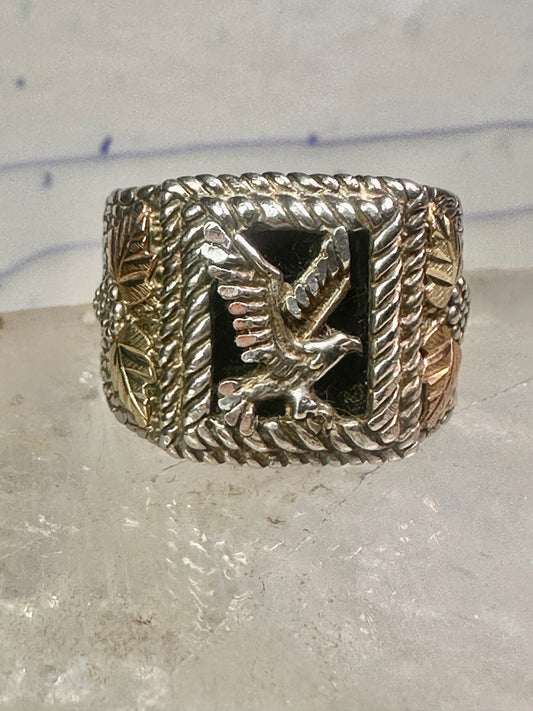 Eagle ring Black Hills Gold w leaves onyx size 11 sterling silver women men