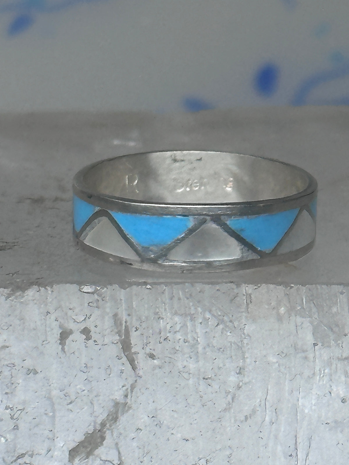 Vintage Sterling Silver Reconstituted Turquoise Mother of Pearl Band Signed R Size 7.50 925