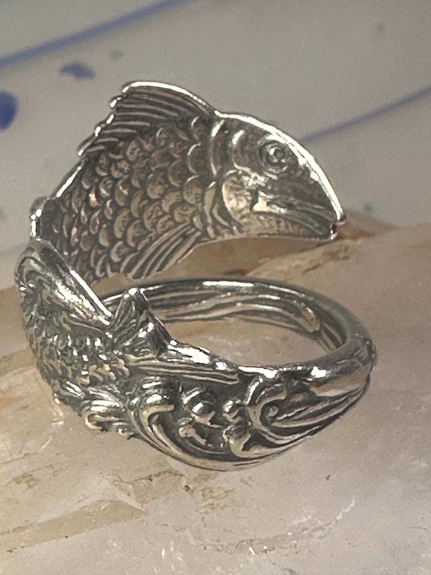 Fish spoon ring size 7.25 adjustable fishermen sterling silver band