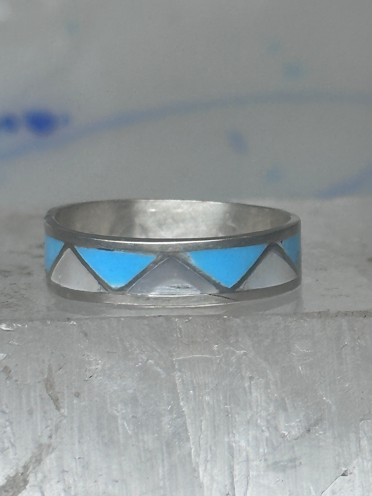 Vintage Sterling Silver Reconstituted Turquoise Mother of Pearl Band Signed R Size 7.50 925