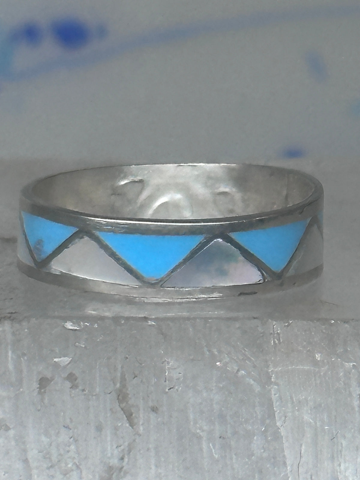 Vintage Sterling Silver Reconstituted Turquoise Mother of Pearl Band Signed R Size 7.50 925