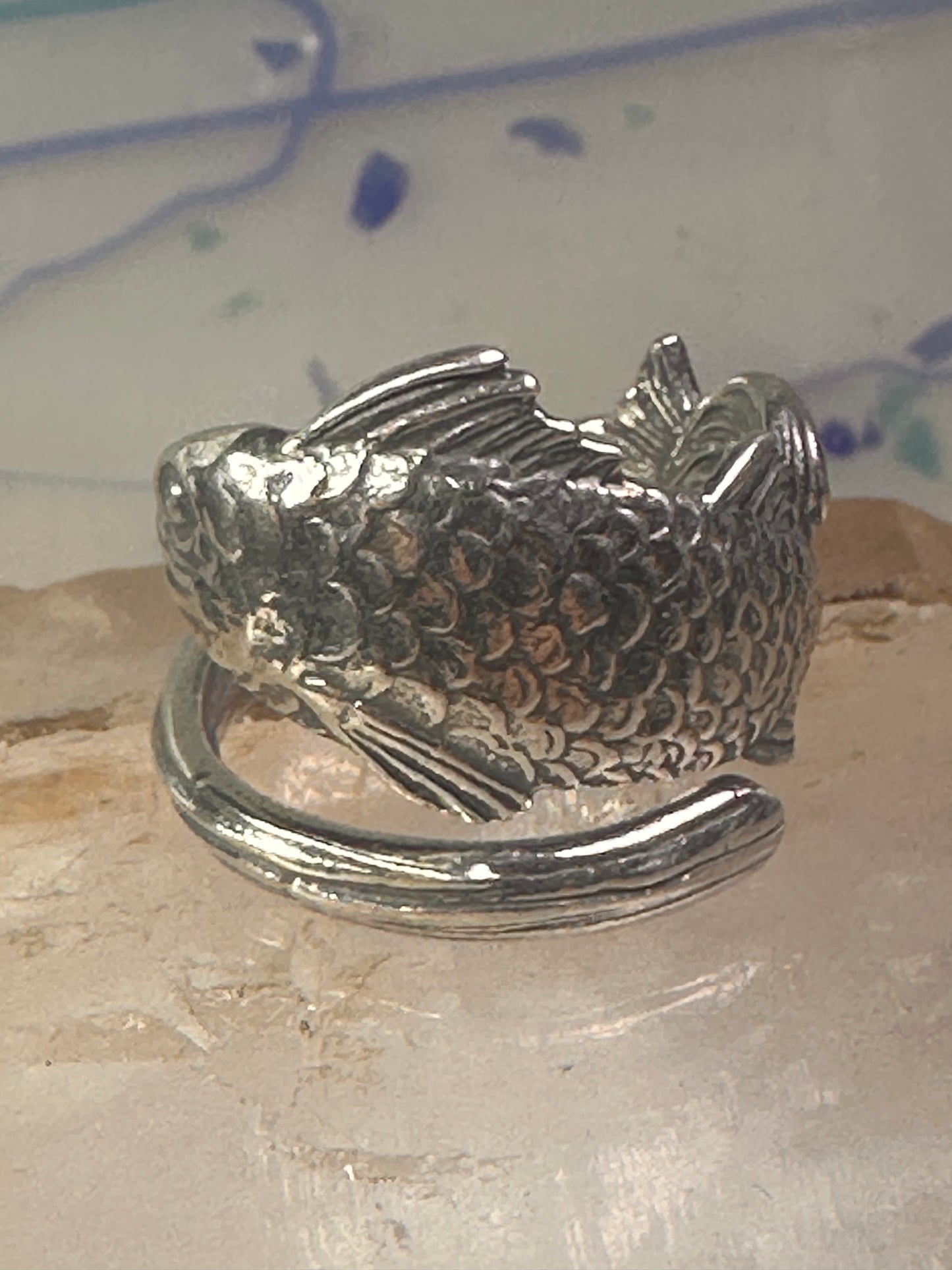 Fish spoon ring size 7.25 adjustable fishermen sterling silver band