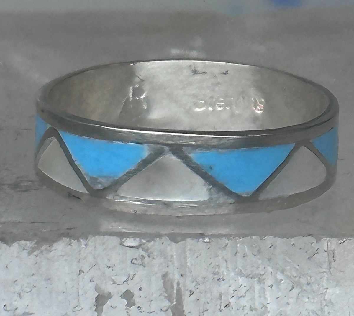 Vintage Sterling Silver Reconstituted Turquoise Mother of Pearl Band Signed R Size 7.50 925