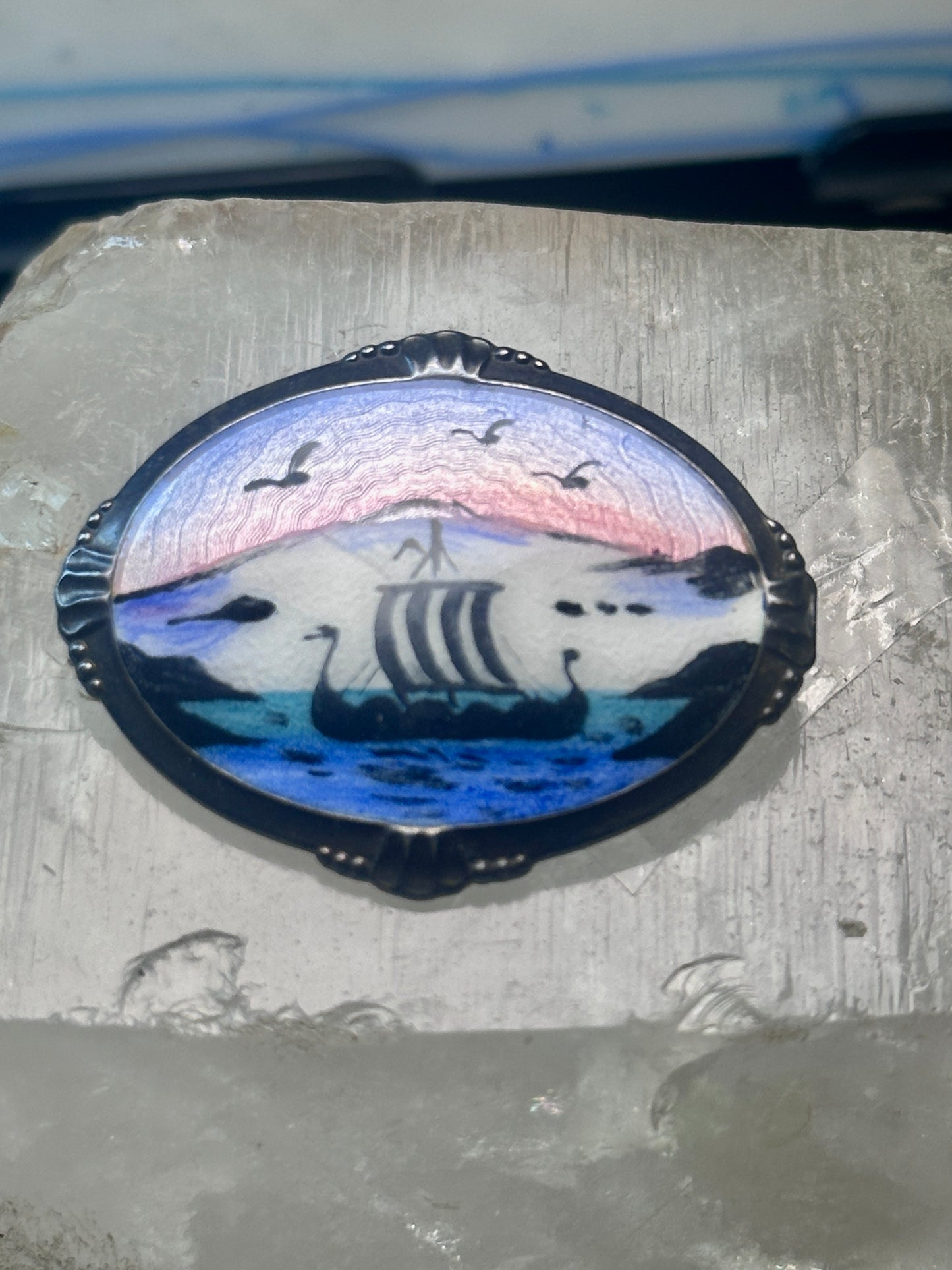Viking Ship Pin enamel Scandinavian signed N sterling silver sunset sunrise seagulls