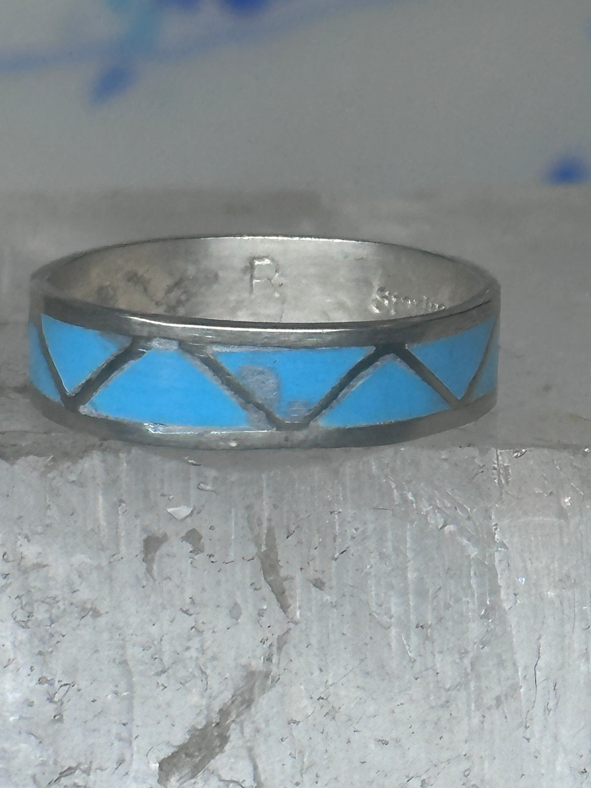 Vintage Sterling Silver Rough Reconstituted Turquoise Geometric Band Size 7.75 925