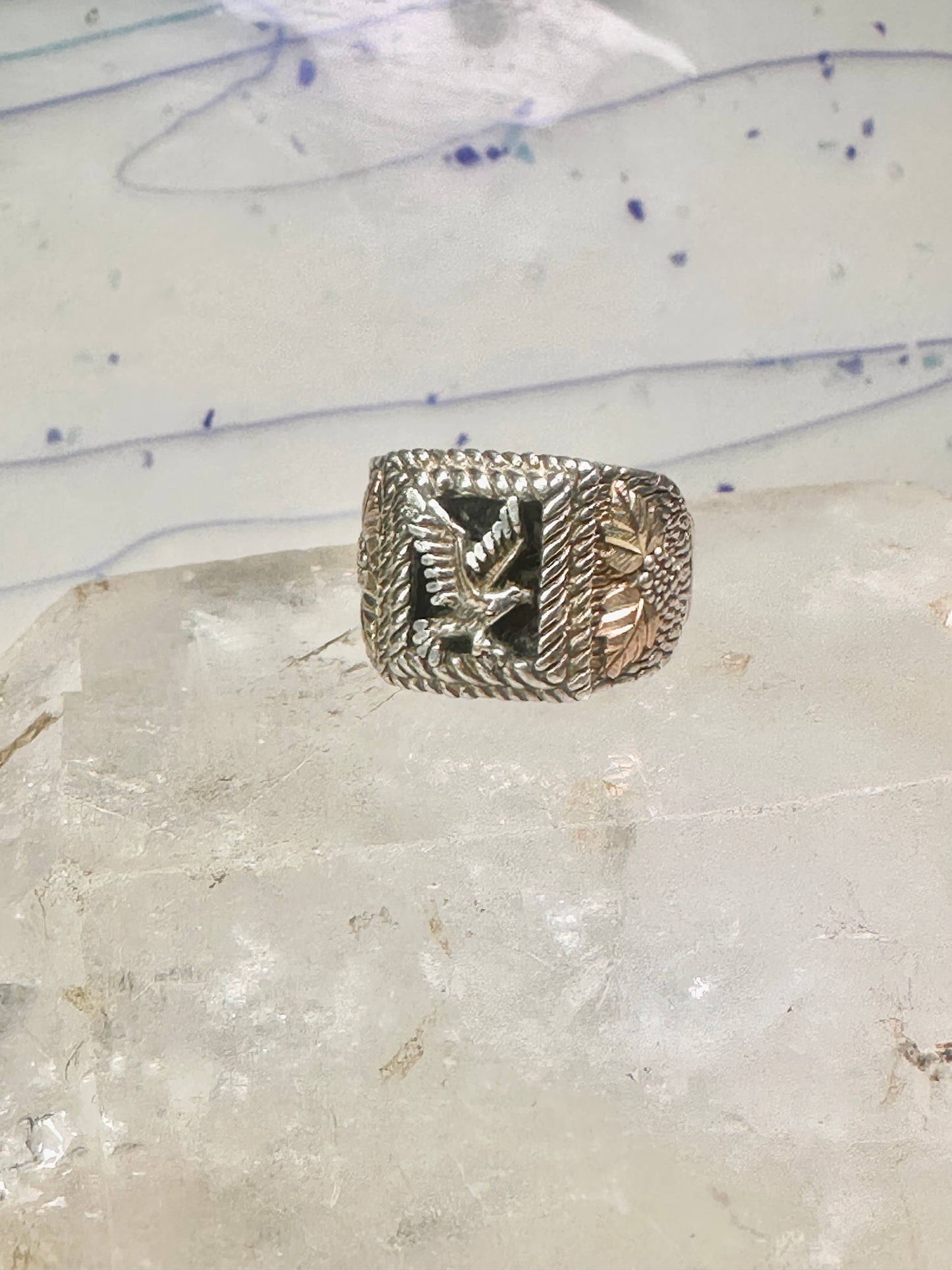 Eagle ring Black Hills Gold w leaves onyx size 11 sterling silver women men