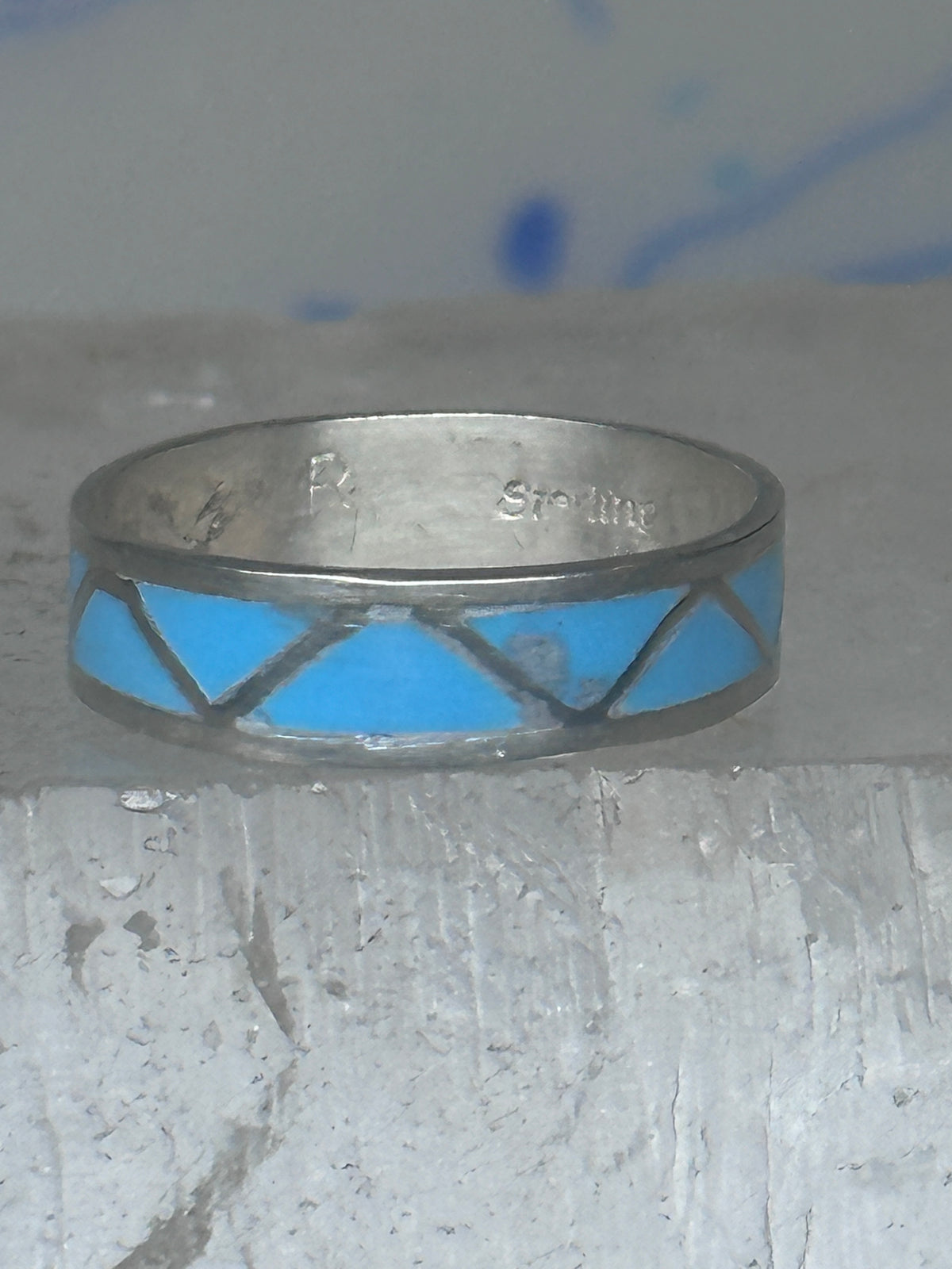 Vintage Sterling Silver Rough Reconstituted Turquoise Geometric Band Size 7.75 925