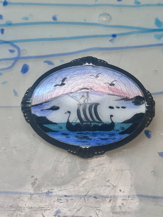 Viking Ship Pin enamel Scandinavian signed N sterling silver sunset sunrise seagulls