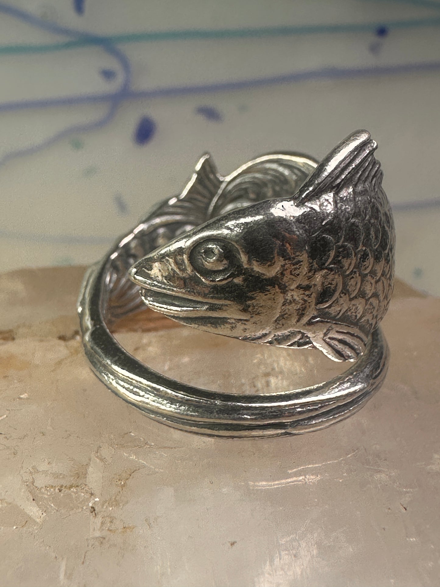 Fish spoon ring size 7.25 adjustable fishermen sterling silver band