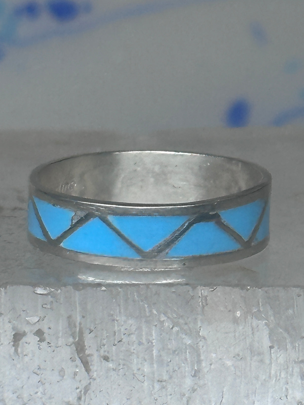 Vintage Sterling Silver Rough Reconstituted Turquoise Geometric Band Size 7.75 925