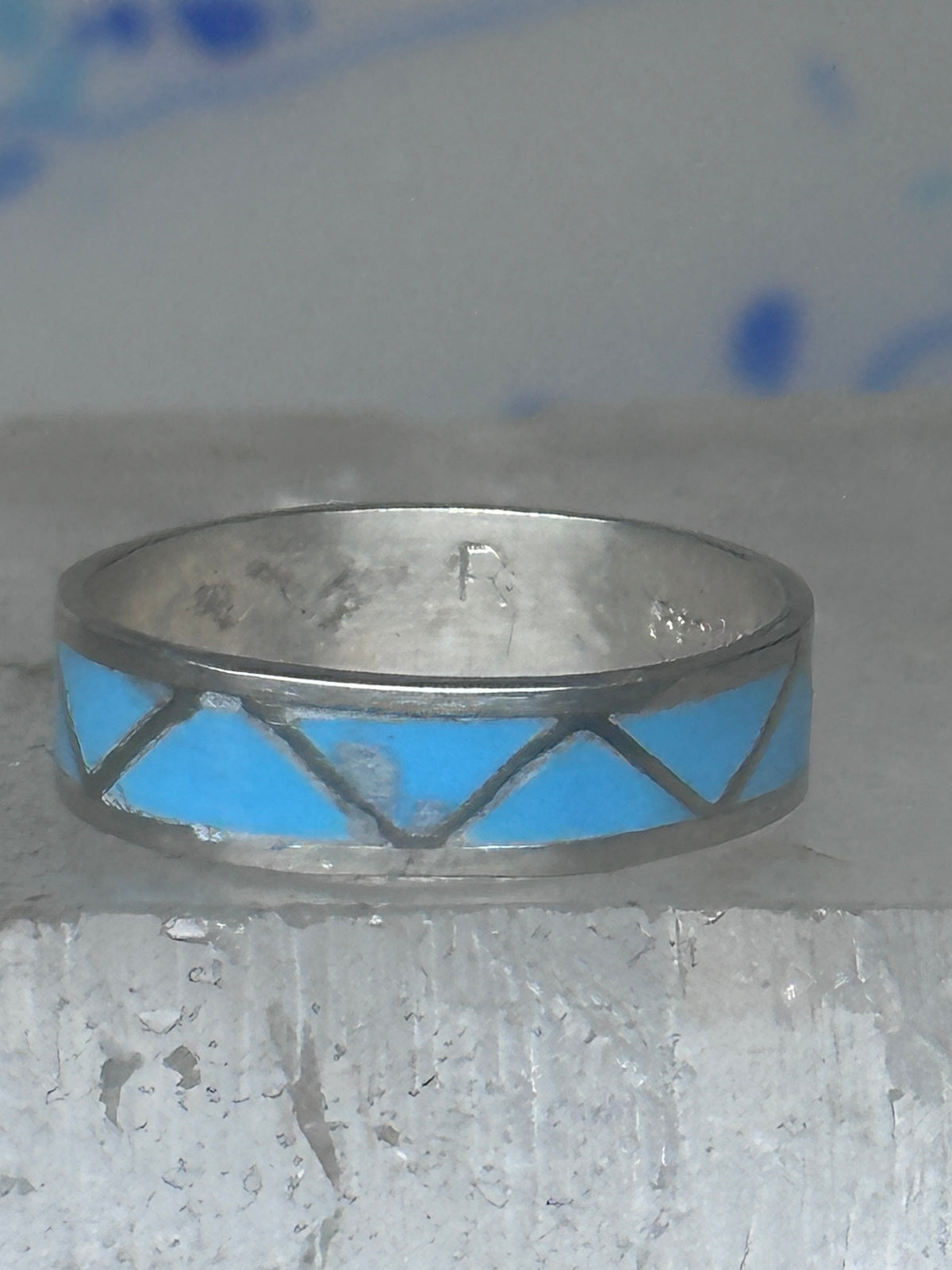 Vintage Sterling Silver Rough Reconstituted Turquoise Geometric Band Size 7.75 925