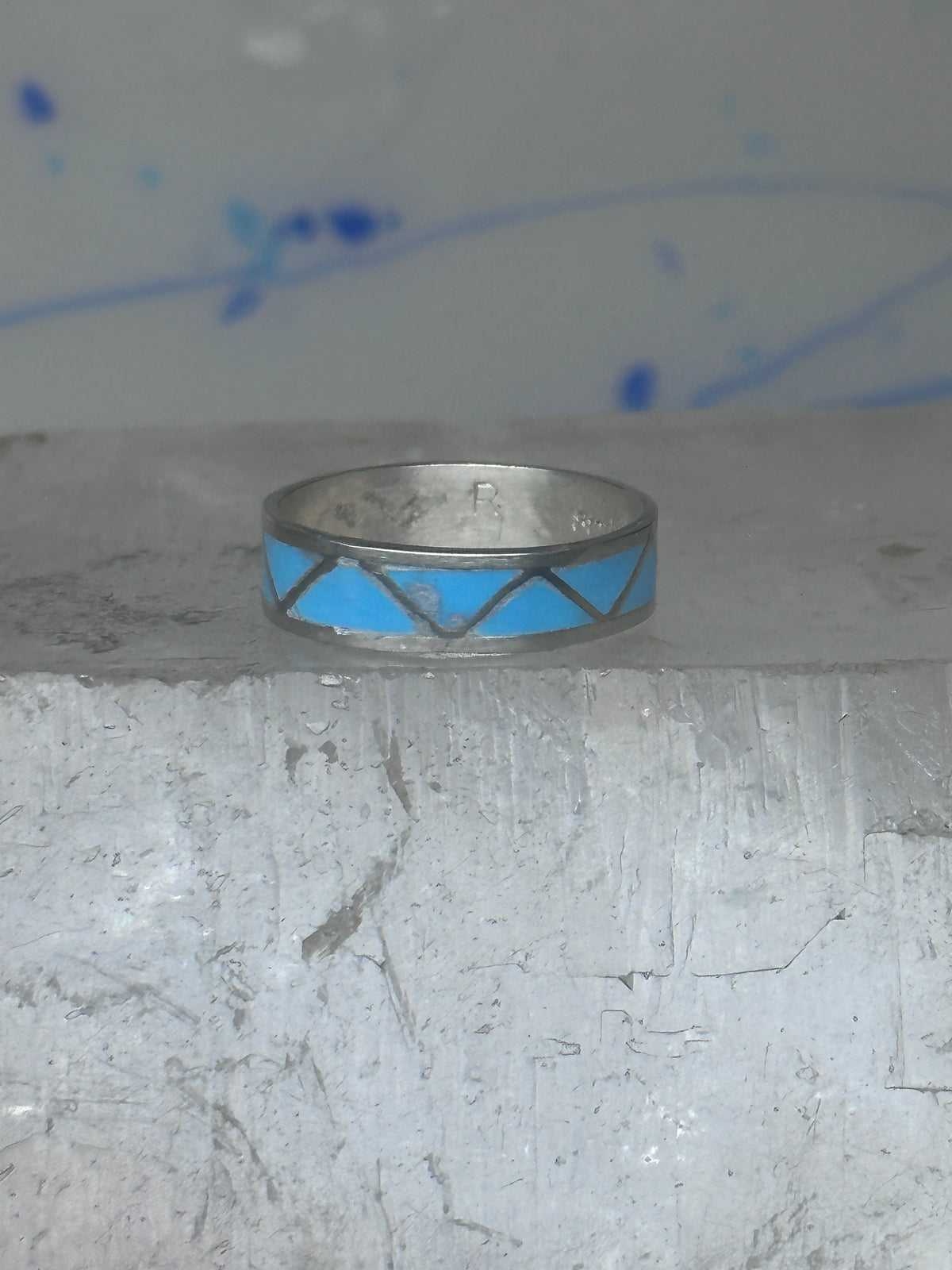 Vintage Sterling Silver Rough Reconstituted Turquoise Geometric Band Size 7.75 925