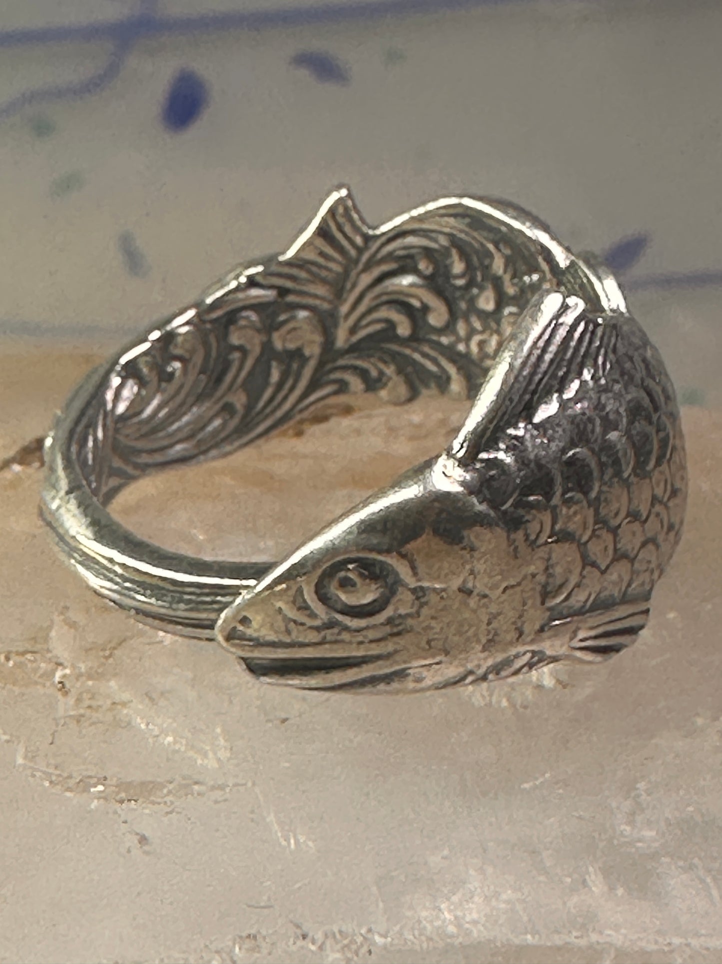 Fish spoon ring size 7.50 adjustable fishermen sterling silver band