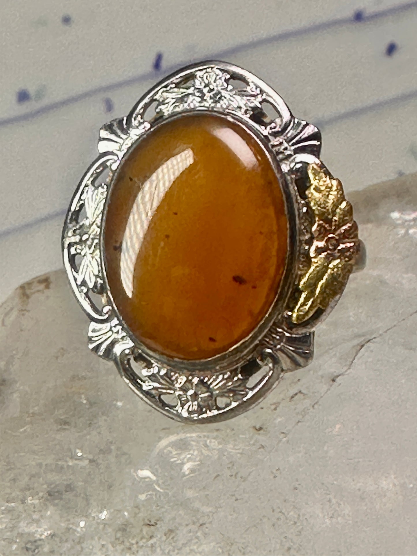 Black Hills Gold ring long stone leaves size 7.50 sterling silver women girls