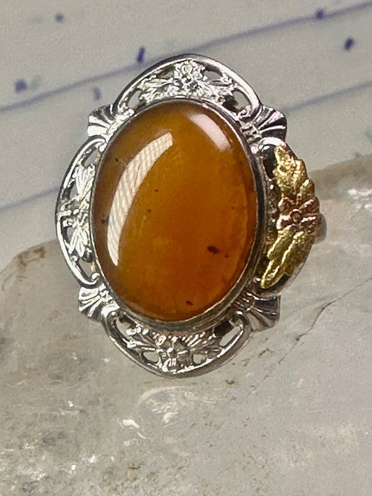 Black Hills Gold ring long stone leaves size 7.50 sterling silver women girls