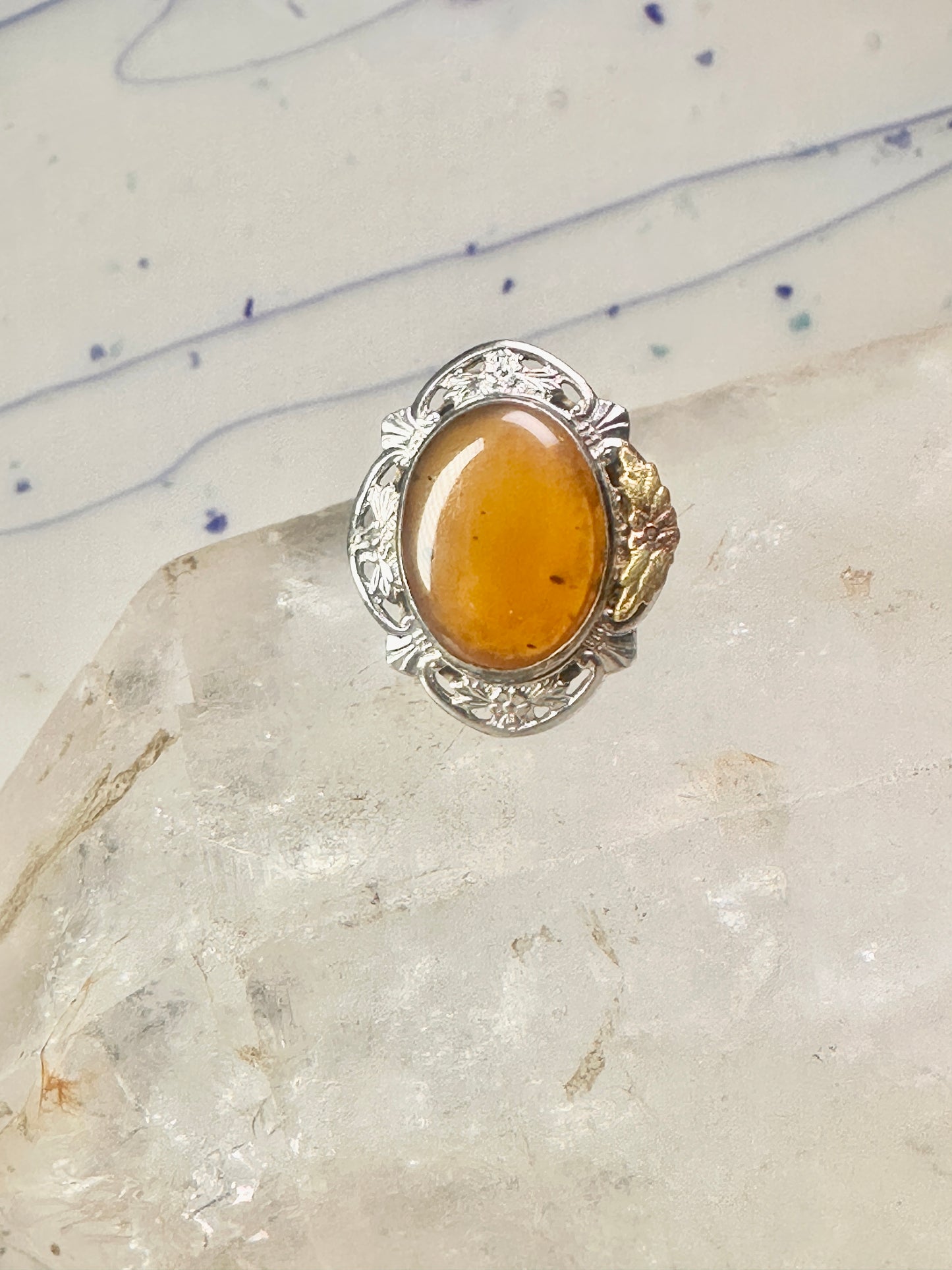 Black Hills Gold ring long stone leaves size 7.50 sterling silver women girls