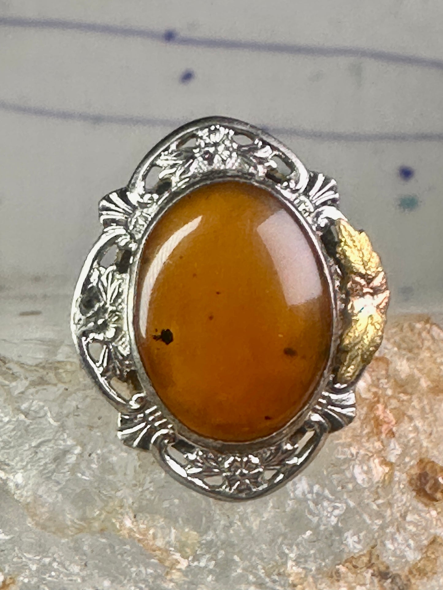 Black Hills Gold ring long stone leaves size 7.50 sterling silver women girls