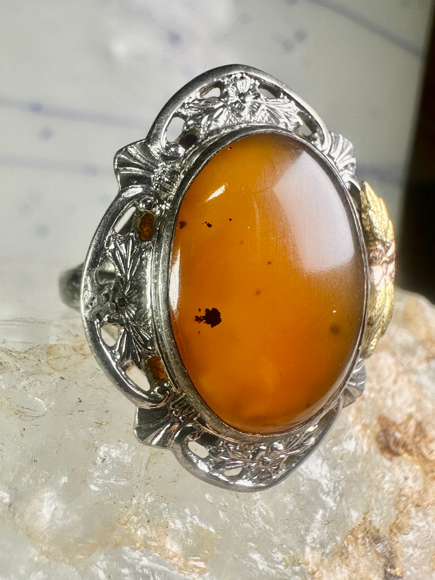 Black Hills Gold ring long stone leaves size 7.50 sterling silver women girls