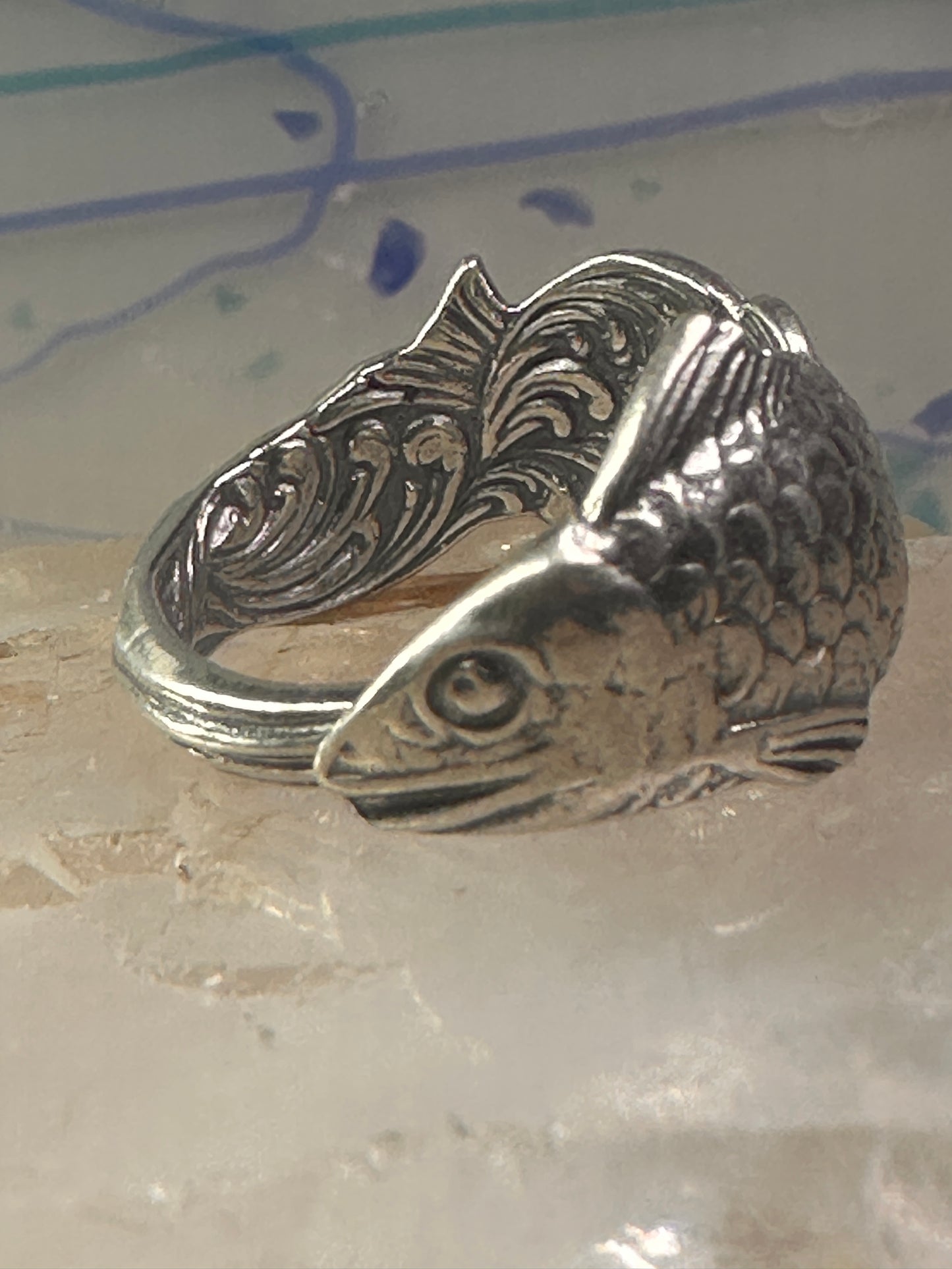 Fish spoon ring size 7.50 adjustable fishermen sterling silver band