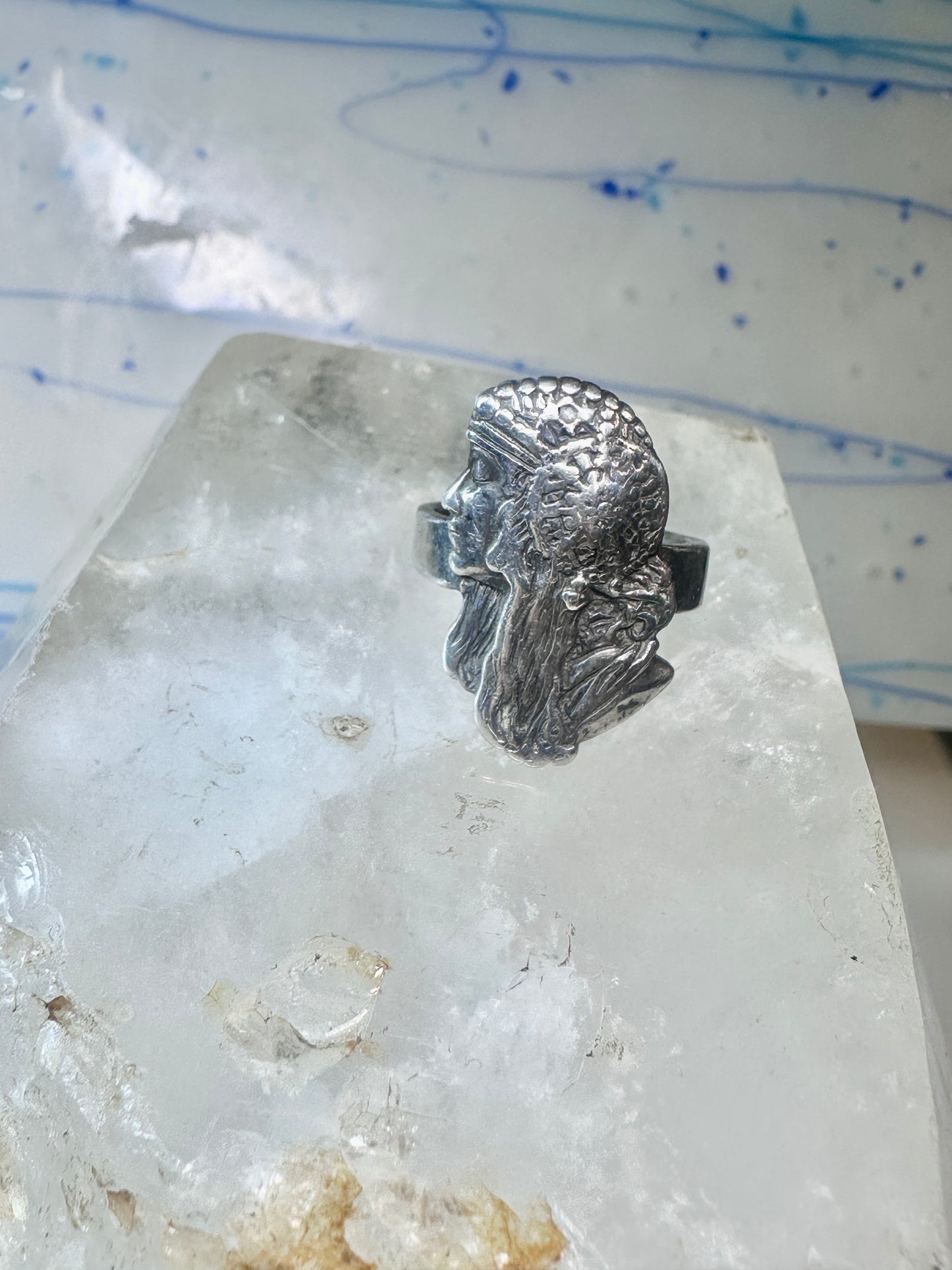 Face ring Art Deco style band size 7.25 sterling silver women