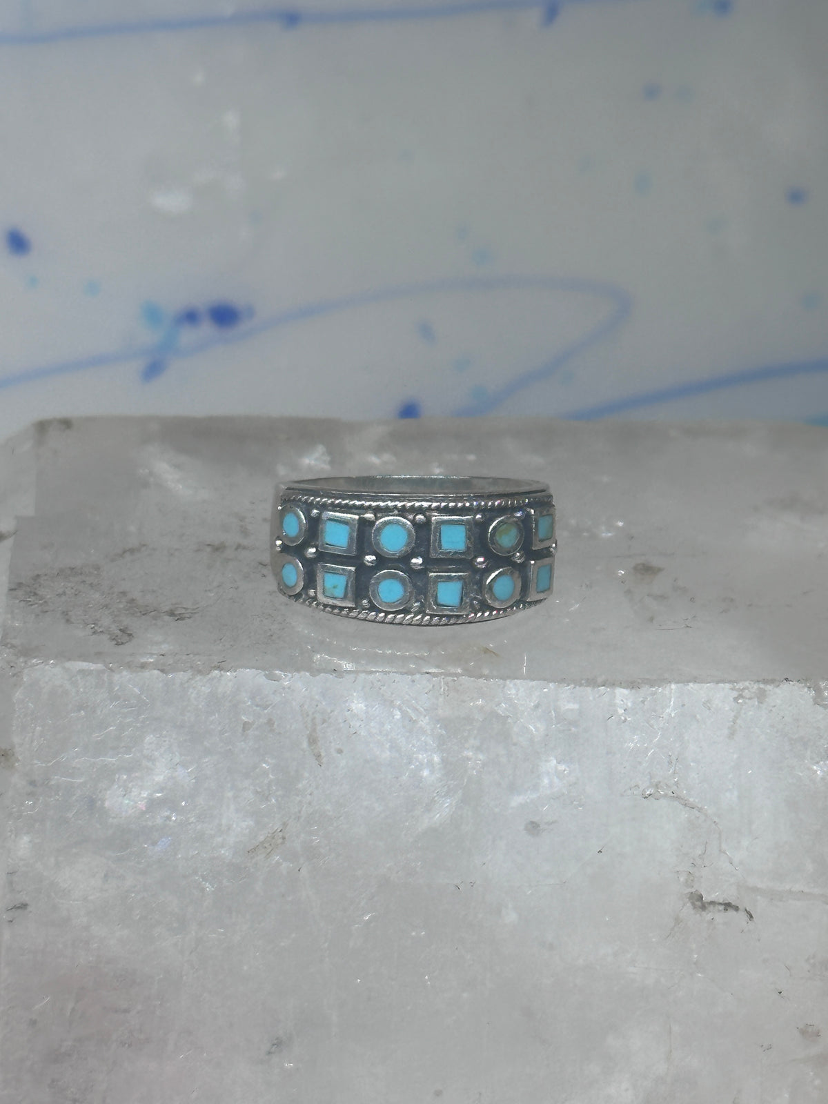 Vintage Sterling Silver Block Turquoise Checkerboard Band Signed SE Size 8.75  925