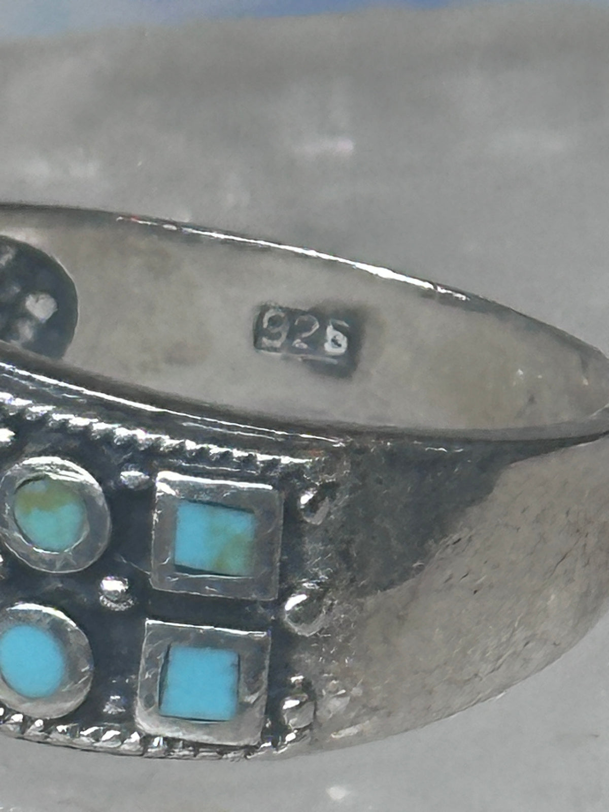 Vintage Sterling Silver Block Turquoise Checkerboard Band Signed SE Size 8.75  925