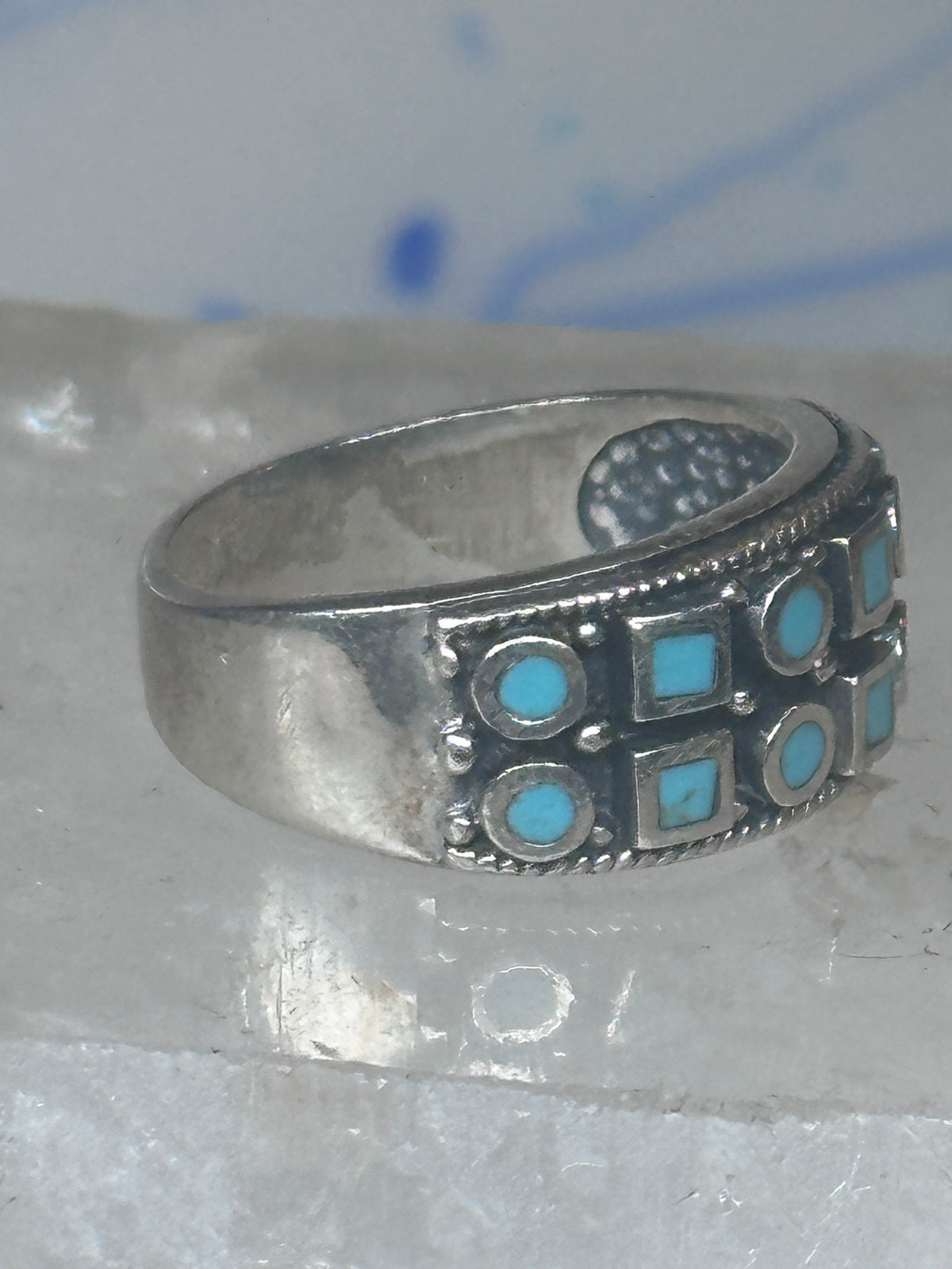 Vintage Sterling Silver Block Turquoise Checkerboard Band Signed SE Size 8.75  925