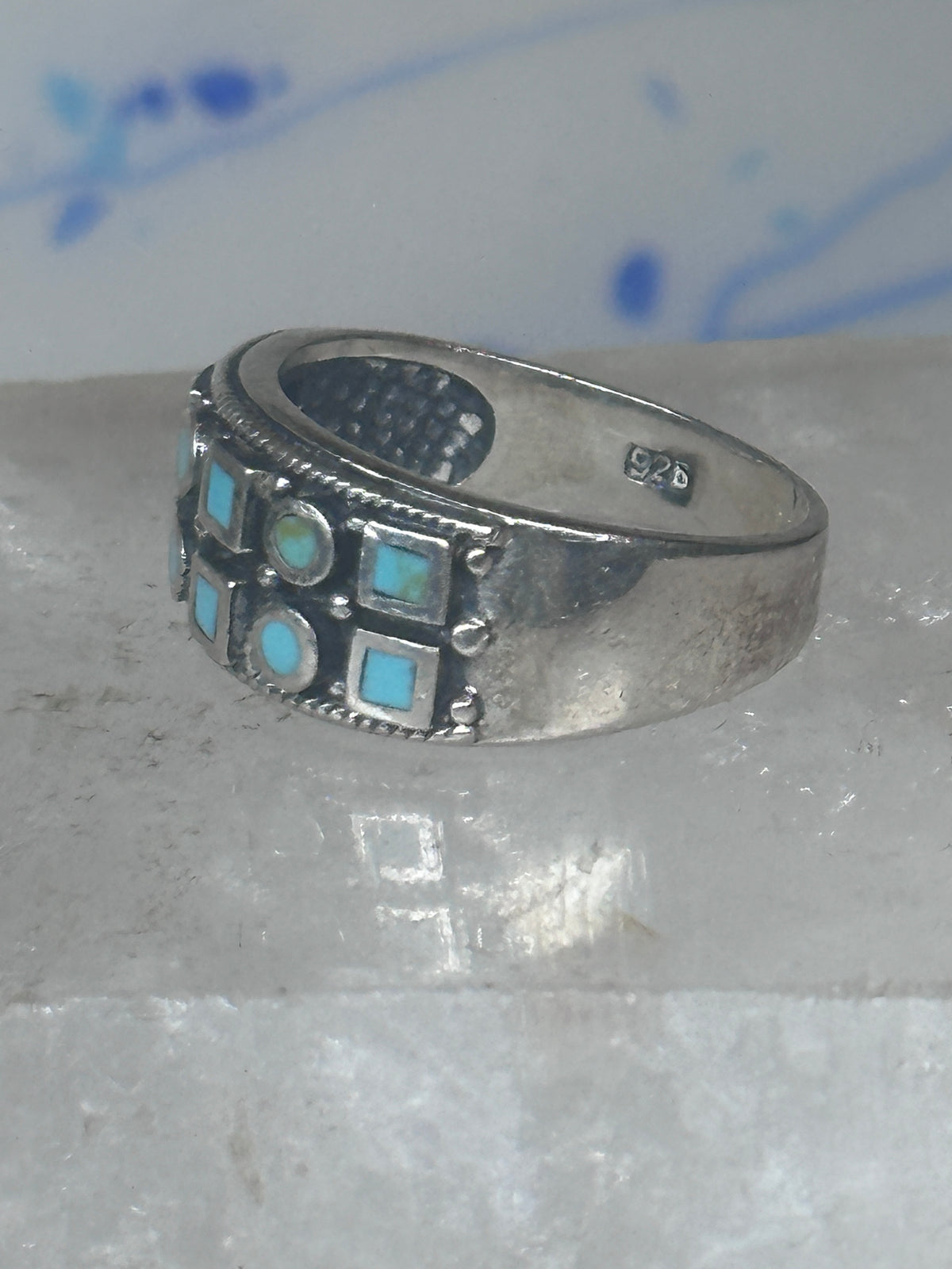 Vintage Sterling Silver Block Turquoise Checkerboard Band Signed SE Size 8.75  925