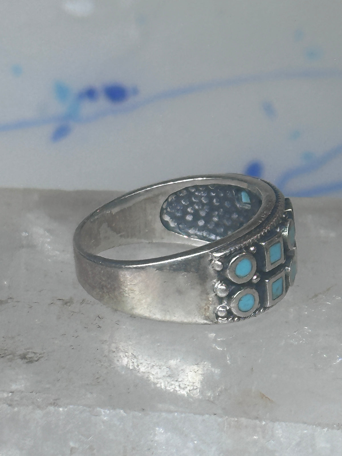 Vintage Sterling Silver Block Turquoise Checkerboard Band Signed SE Size 8.75  925