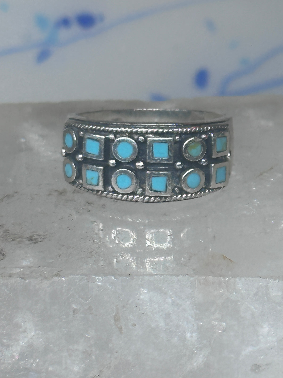 Vintage Sterling Silver Block Turquoise Checkerboard Band Signed SE Size 8.75  925