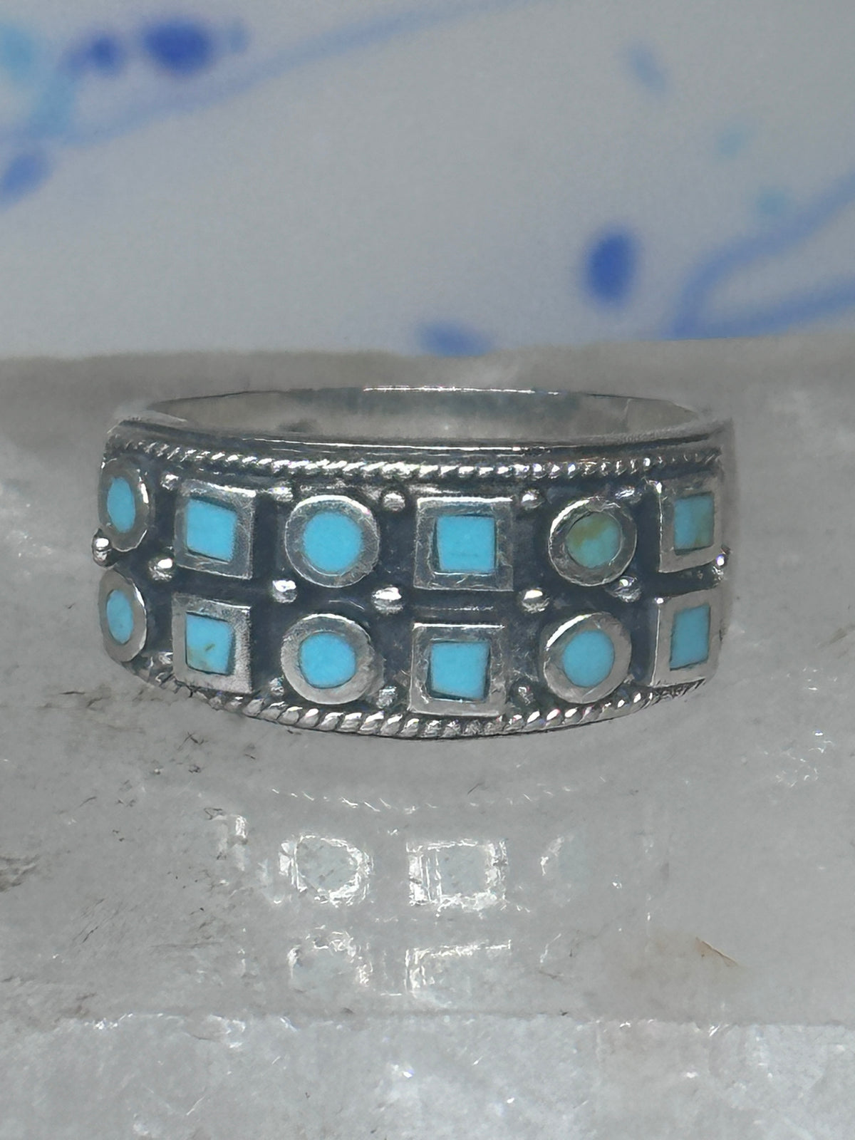 Vintage Sterling Silver Block Turquoise Checkerboard Band Signed SE Size 8.75  925
