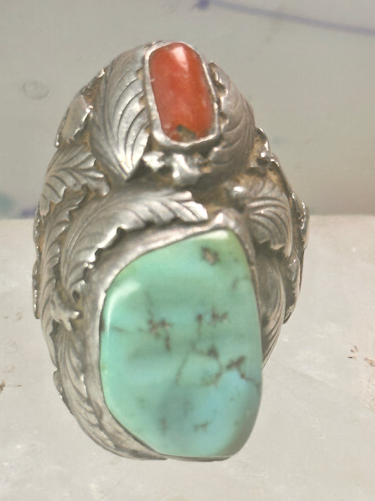 Navajo ring turquoise coral size 12  by O Alexius floral leaves sterling silver women men