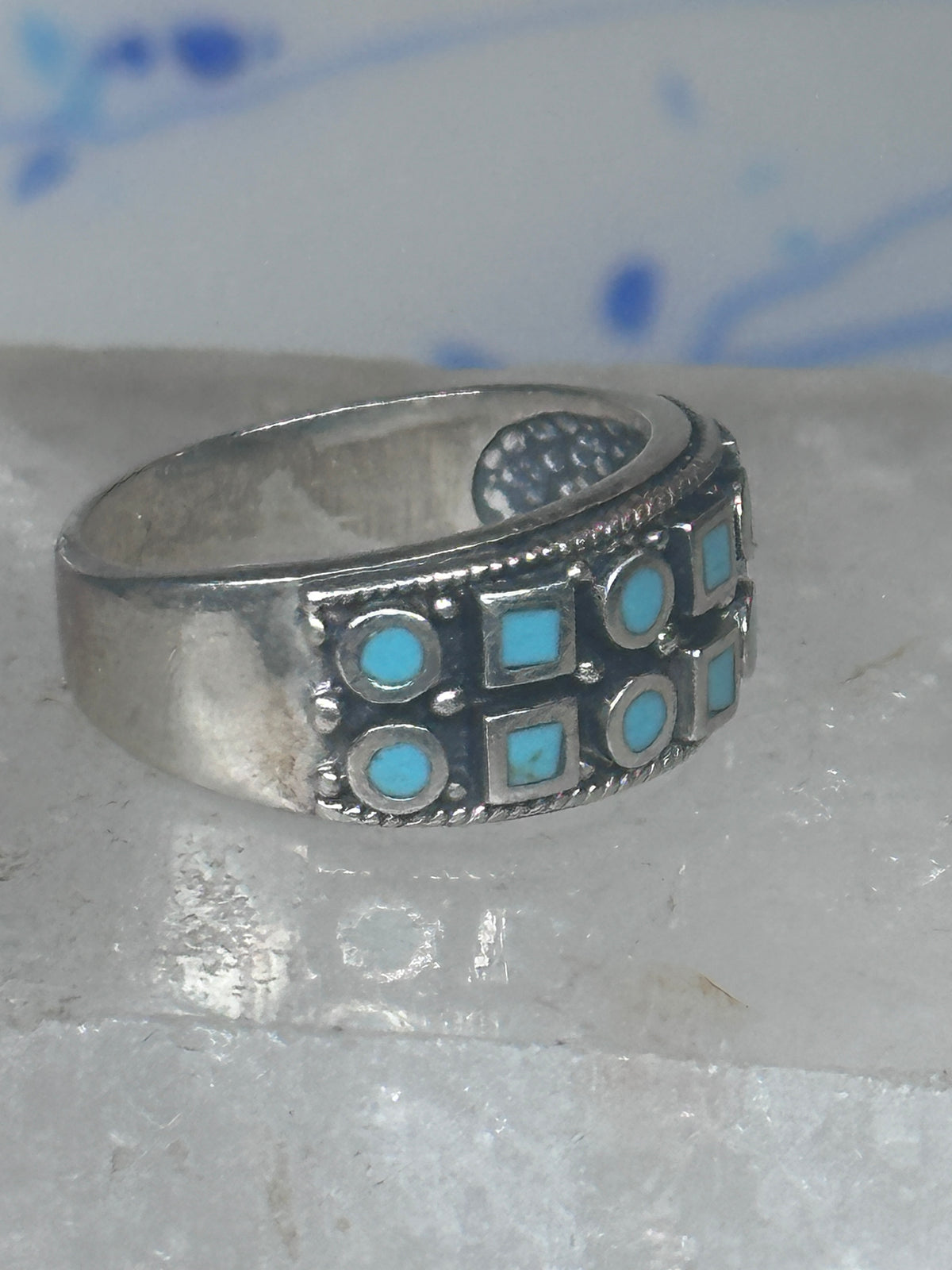 Vintage Sterling Silver Block Turquoise Checkerboard Band Signed SE Size 8.75  925