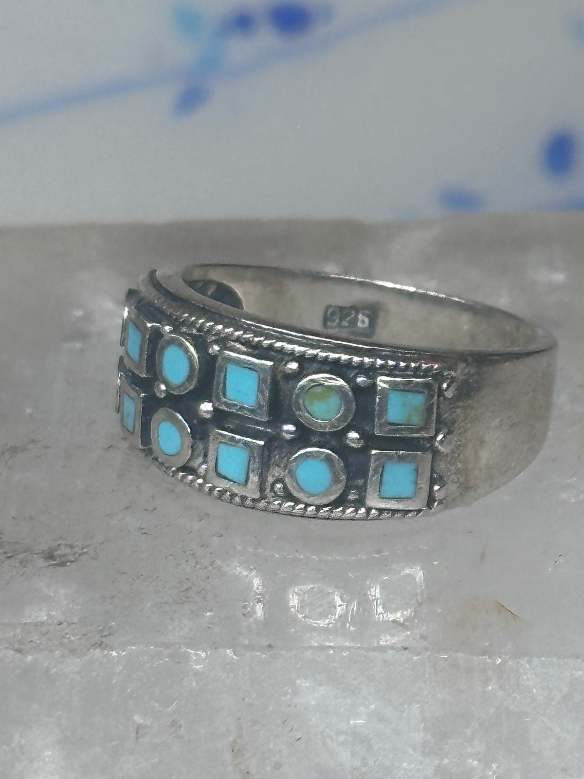 Vintage Sterling Silver Block Turquoise Checkerboard Band Signed SE Size 8.75  925