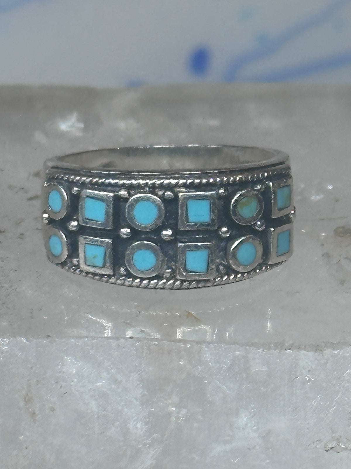 Vintage Sterling Silver Block Turquoise Checkerboard Band Signed SE Size 8.75  925