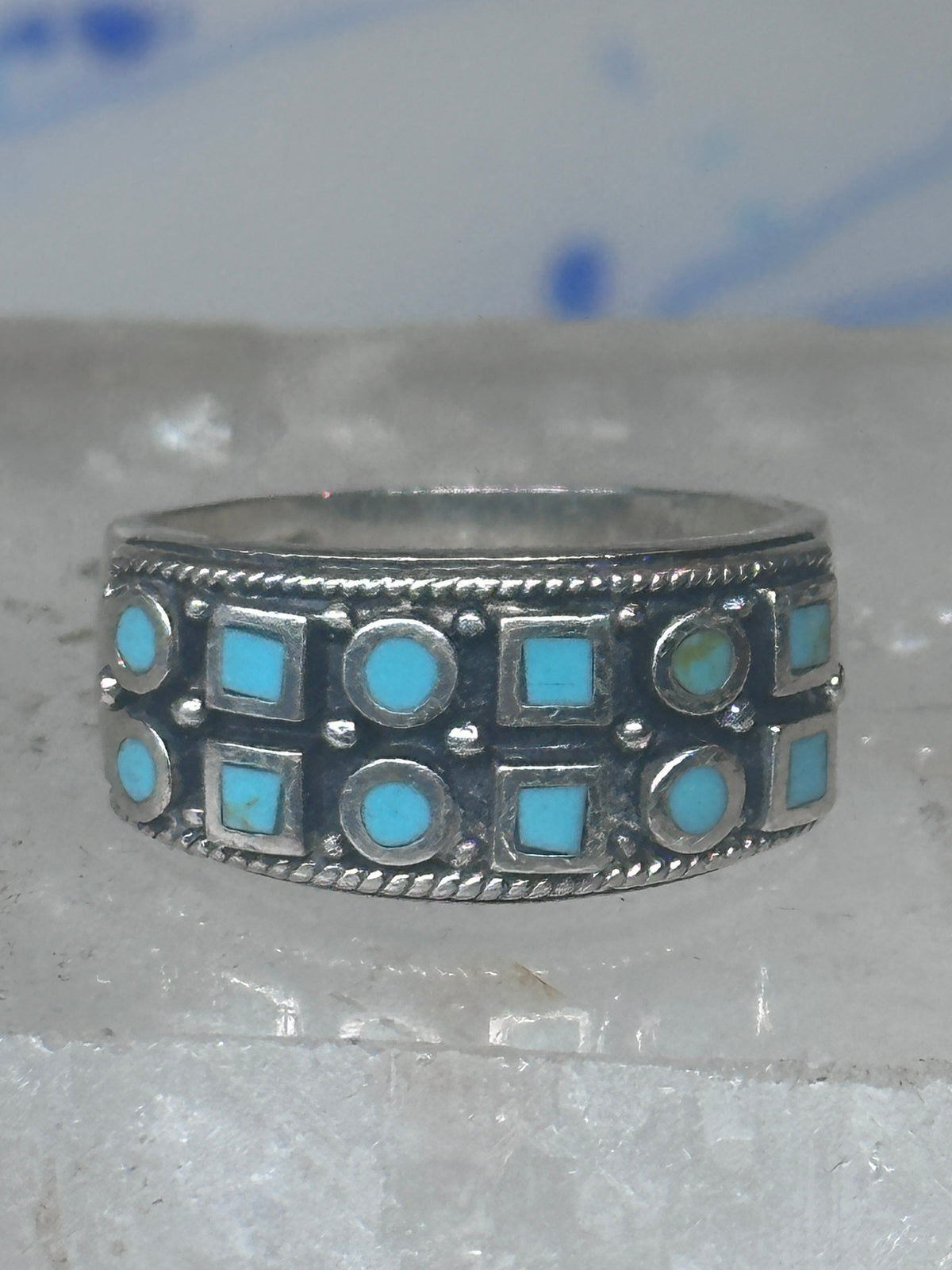 Vintage Sterling Silver Block Turquoise Checkerboard Band Signed SE Size 8.75  925