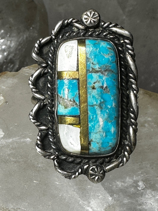 Long Turquoise ring MOP size 11 Navajo sterling silver women