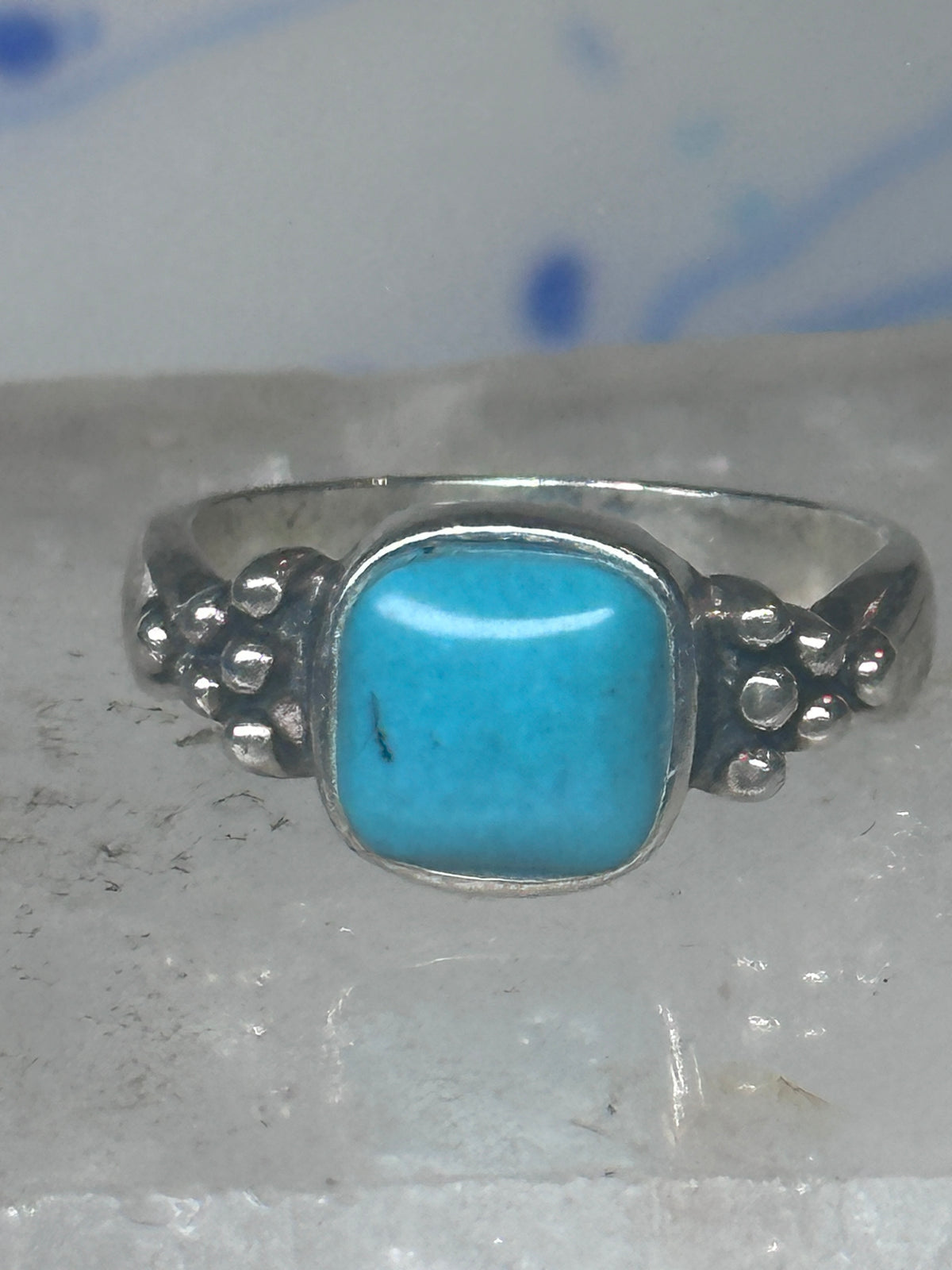 Vintage Sterling Silver Reconstituted Turquoise Cushion Beaded Ring Size 7.75 925